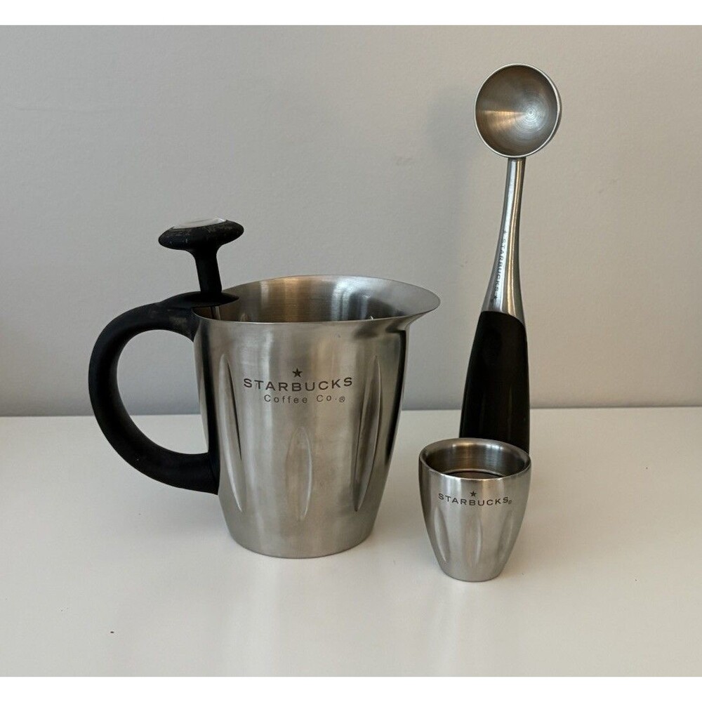 Starbucks Stainless Steel Milk Frothing Pitcher Thermometer Shot Cup & Scoop Set